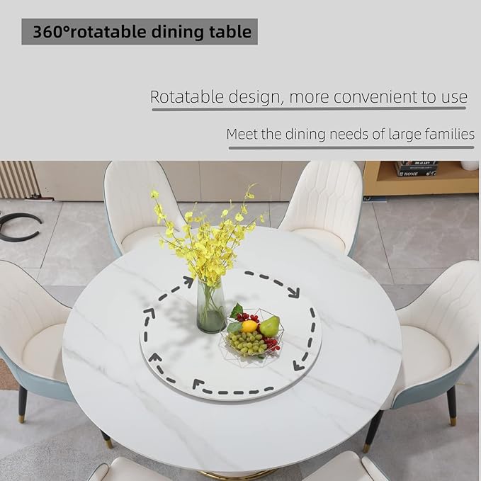 Round Marble Dining Table Set for 6-8, Kitchen Table, Dining Room Table Set Petal Pu Leather & Metal Base (59'' Table)