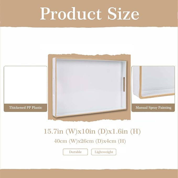 Decorative Plastic Serving Tray with Handles, Modern Vanity Organizer for Bathroom, Kitchen, Ottoman and Coffee Table (White, Rectangular)