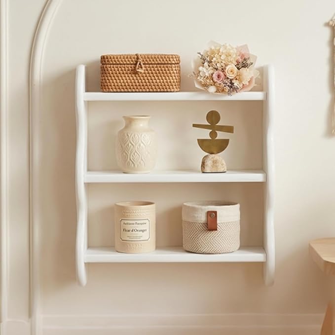 100% Solid Wood Wall Shelf 3-Tier, Vintage Shelves Wall Mounted Storage Rack, Farmhouse Trinket Shelf Home Decor Display Shelves for Apartment, Living Room, Bathroom and Bedroom