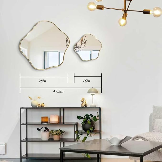 Asymmetrical Mirror, 28" Irregular Round Mirror with Gold Metal Frame, Modern Scalloped Wall Mirrors Decorative, Wavy Shaped Mirrors for Living Room Bathroom Bedroom Hallway Entryway