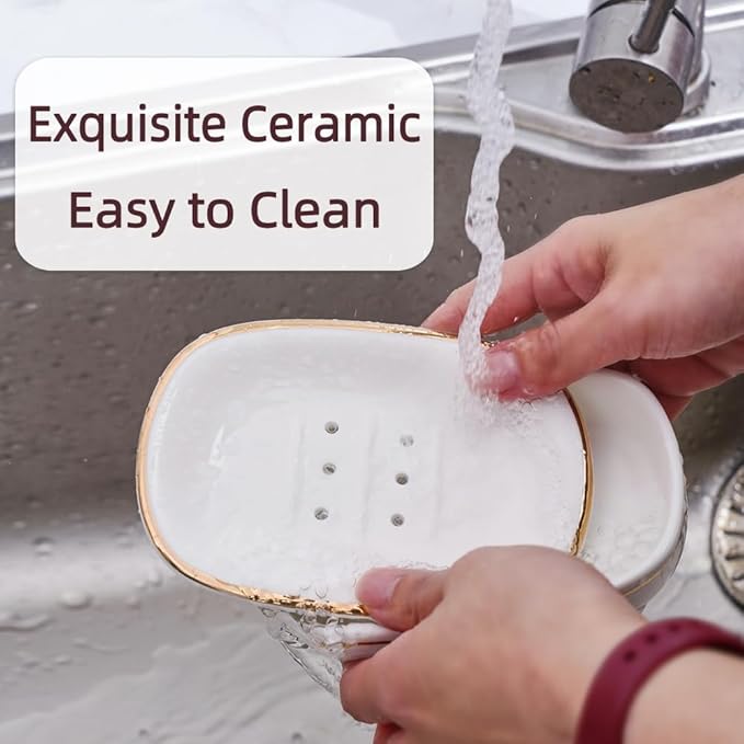 Self Draining Soap Dish, Double-Layer Bar Soap Tray, White Ceramic Soap Dish with Elegant Patterns (Style D)