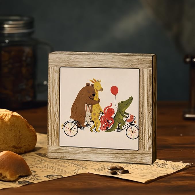 Cute Animal Bike Parade Wooden Desktop Sign, Whimsical Cartoon Animals Riding Bicycle Wood Plaque Tabletop Decor for Nursery Kids Room Bedroom Shelf