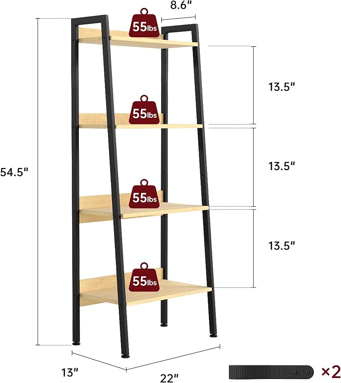Ladder Shelf, 4 Tier Ladder Shelf, 22” Wide Tower Storage Shelf for Books, Anti Tip Feature, Steel Frame, Perfect for Bookshelf, Plants, Kitchen, Living Room, Office, Natural Oak
