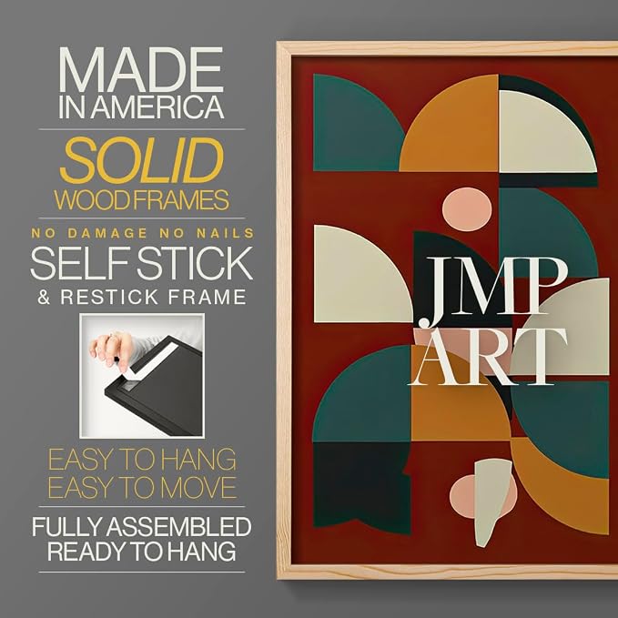 Renditions Gallery Set of 2 Peel & Stick Framed Prints, Mid Century Abstract Wall Art, Modern Geometric Shapes Wall Decor, Re-Stickable - Ready to Hang - 22"x28" - NATURAL WOOD Frame LT588