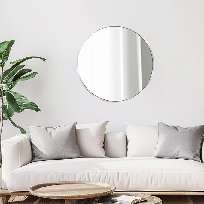 Silver Circle Mirror, Round Mirror 20 inch, Round Wall Mirrors Metal Frame, Circle Mirrors for Bathroom, Living Room, Hallway, Vanity, Over Sink