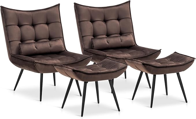 MCombo Accent Chair with Ottoman, Modern Velvet Wingback Lounge Chair, Upholstered Club Chair for Small Space, Living Room & Bedroom 4079 (2, Brown)