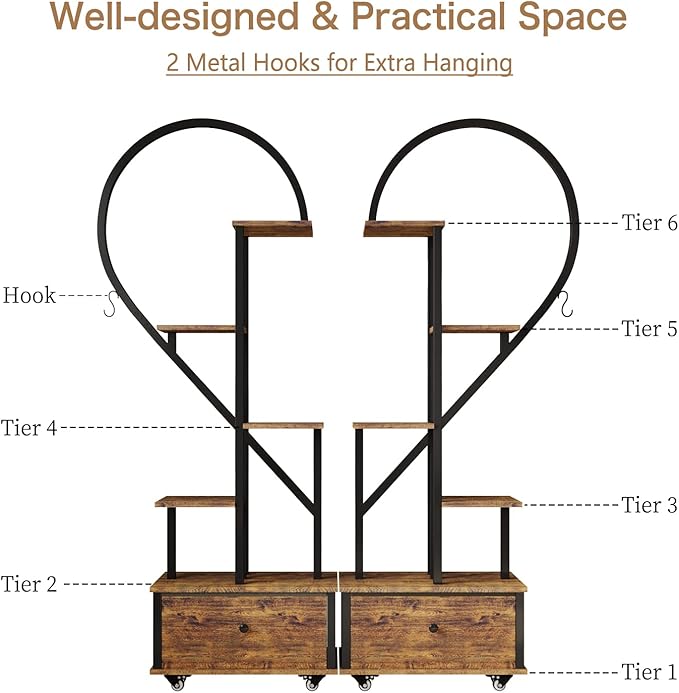 5-Tiered Tall Plant Stand Indoor, Heart-shaped Metal Plant Stand with Wheels and Hanging Hooks, Farmhouse Wood Plant Shelf Indoor for Living Room, Balcony, Garden, Rustic Brown (2 Pack)