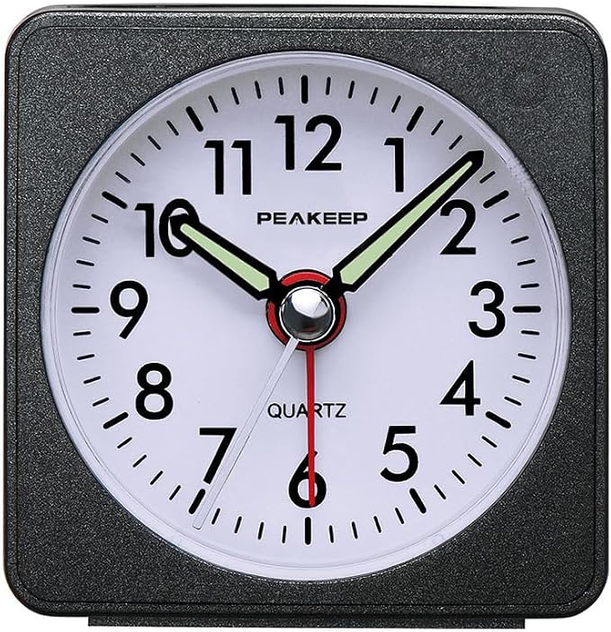 Peakeep Ultra Small, Battery Travel Alarm Clock with Snooze and Light, Silent with No Ticking Analog Quartz (Black)