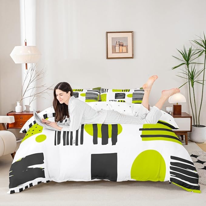 Geometric Stripe Circle Square Bedding Sets Queen Modern Mid Century Comforter Cover, Hippie Minimalist Bed Set Fifties Retro Old Fashion Duvet Cover, Black Green White Quilt Cover (Zipper Closure)