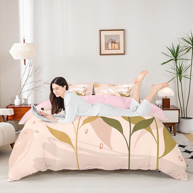 Boho Minimalist Comforter Cover Hippie Abstract Art Bed Set, Botanical Plants Duvet Cover King Size White Flower Floral Bedding Sets Modern Mid Century Bedspread Cover Girly Pink Room Decor