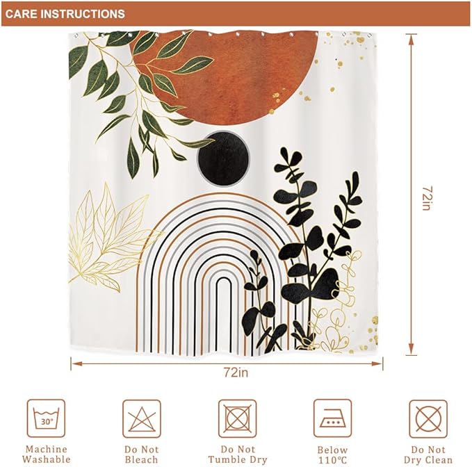 Riyidecor Burnt Orange Boho Modern Shower Curtain for Bathroom Decor 72Wx72H Mid Century Bohemian Neutral Unisex Palm Leaves Minimalist Art Printed Fabric Polyester Waterproof 12 Pack Plastic Hooks