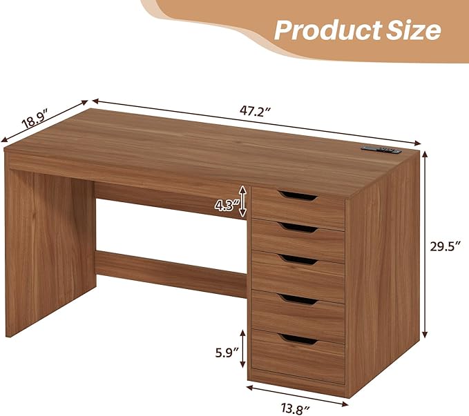 YOMILUVE 47 Inch Computer Desk with 5 Drawers and Power Outlets, Home Office Desks with Storage File Cabinet, Modern Simple Laptop Desk Writing Table for Small Spaces, Brown