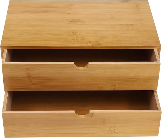 Bamboo Desk Organizer Small Retro Bamboo Tabletop Storage Box with Drawers& Recess Handles for Office Home Supplies Table Storage Collector 13 * 7.5 * 6in (2 Drawers)