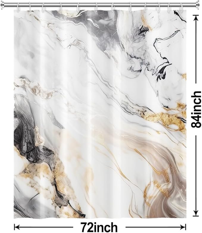 Grey and White Shower Curtain, Modern Grey Marble Shower Curtain for Bathroom Aesthetic Waterproof Shower Curtain Set with Hooks, 72x84 Inch