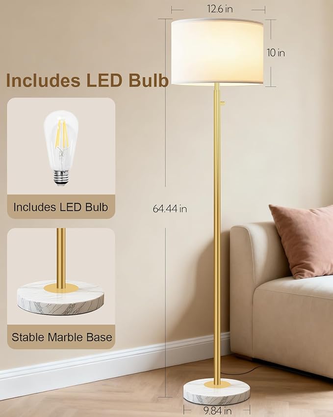 Gold Floor Lamps for Living Room–LED Bulb Included,Dimmable Floor Lamp with Linen Shade,Modern Standing Lamp with Marble Base,Tall Floor Lamp for Bedroom,Nursery,Reading & Office