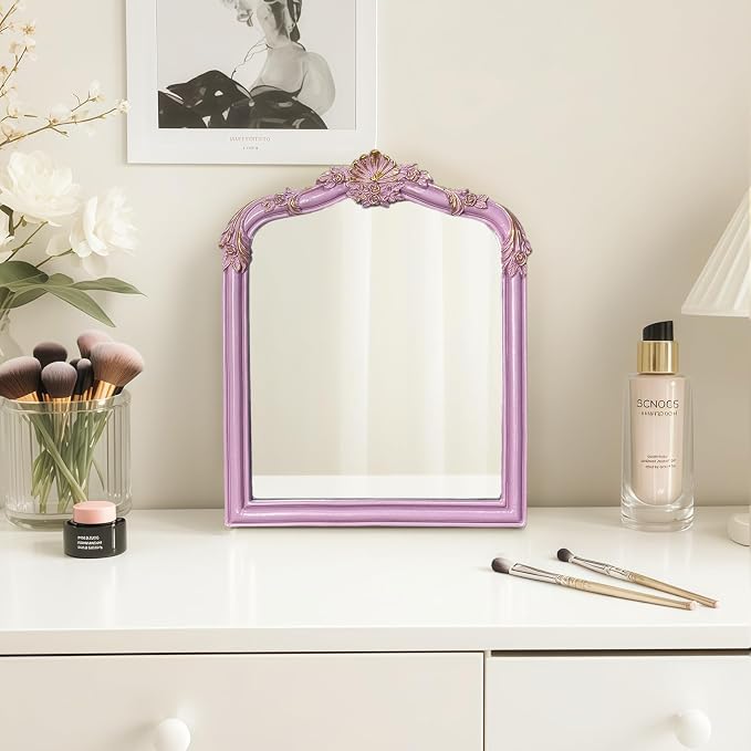 Pink Flower Bow Mirror - 13x10 Inch Elegant Decorative Accent, Wall-Mounted & Tabletop Makeup Mirror for Bedroom Interior Decor
