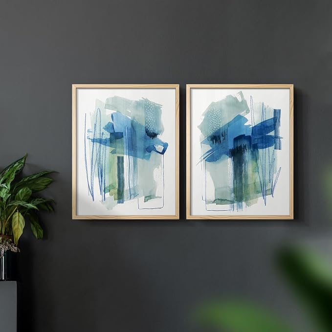 Renditions Gallery Set of 2 Peel & Stick Framed Prints, Modern Abstract Wall Art, Blue and Neutral Bold Brushstrokes Wall Decor, Re-Stickable - Ready to Hang - 8"x10" - NATURAL WOOD Frame LT588
