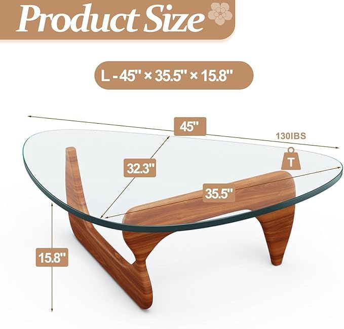 Modern Glass Coffee Table, 45in Large Mid Century Coffee Table, Unique Wooden Triangle Center Tables with Wood Legs, for Bedroom Living Room Reception Office(Walnut Transparent, 45in) 1