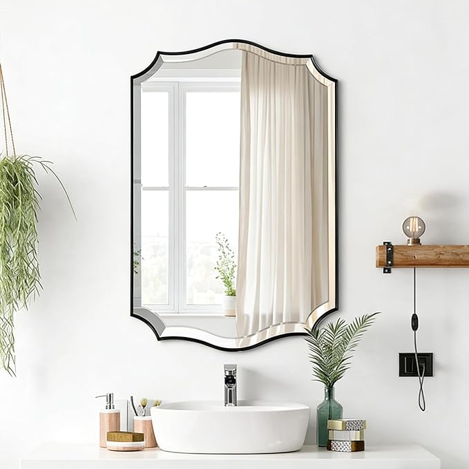 POZINO Scalloped Beveled Wall Mirror, 24"x36" Matte Black Rectangle Vanity Mirror for Over Sink, Modern Irregular Wavy Shaped Mirrors for Bathroom Living Room Bedroom Fireplace Entryway