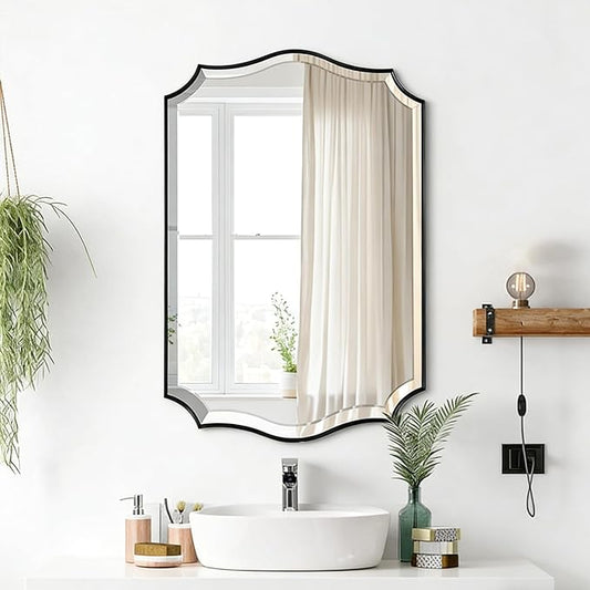 POZINO Scalloped Beveled Wall Mirror, 24"x36" Matte Black Rectangle Vanity Mirror for Over Sink, Modern Irregular Wavy Shaped Mirrors for Bathroom Living Room Bedroom Fireplace Entryway