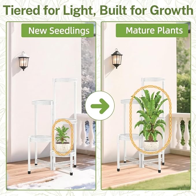 iDavosic.ly Plant Stand Indoor Outdoor, 5 Tier Corner Metal Flower Display Holder Shelf, Folding Tall Orchid Rack for Patio Balcony Porch Garden Living Room House, Wrought Iron - White