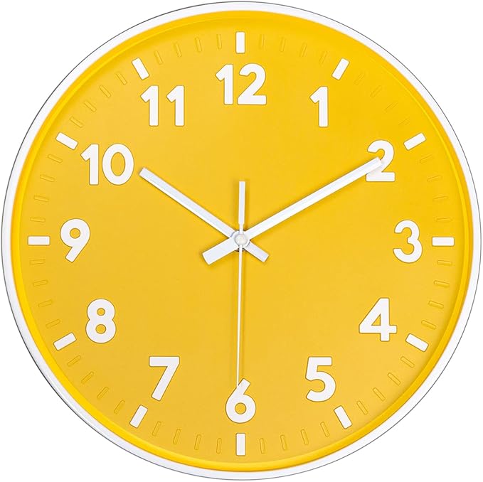 JENLYSTIME 12 Inch Modern Indoor Outdoor Clock,Round Bright Colorful Dial,Non Ticking Silent Quartz Battery Operated Wall Clocks,Easy to Read Simple Style Decor Clock for Bedroom,Kitchen(Yellow)