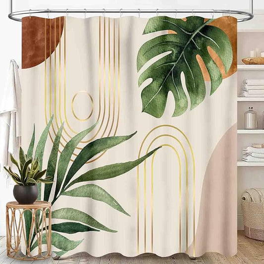 Boho Shower Curtain, Mid Century Modern Abstract Tropical Palm Sage Green Leaf Botanical Bohemian Aesthetic Arch Waterproof Fabric Bath Shower Curtain Set with Hooks, 72"x84" Inch