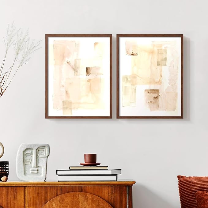 Renditions Gallery Set of 2 Peel & Stick Framed Prints, Abstract Wall Art, Mixed Handmade Oil Painting Wall Decor, Re-Stickable - Ready to Hang - 22"x28" - Walnut Frame LT588