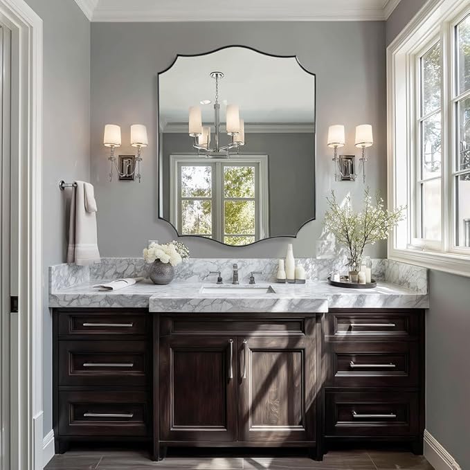 ANDY STAR Scalloped Mirror 28x36 Inch Chrome Rectangle Mirror, Modern Bathroom Mirror for Over Sink, Rust-Proof Stainless Steel 1" Frame, Unique Wave Inspired Style