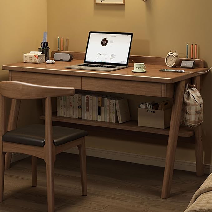 Mid-Century Modern Wood Desk,Computer Desks with Drawers and Storage Shelf,Study Work Writing Table,Modern Industrial Home Office Desks for Writing,Executive,Study,Work(Walnut,47in(120cm))