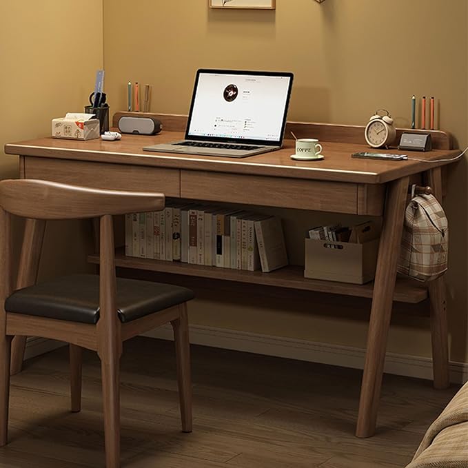 Mid-Century Modern Wood Desk,Computer Desks with Drawers and Storage Shelf,Study Work Writing Table,Modern Industrial Home Office Desks for Writing,Executive,Study,Work(Walnut,55in(140cm))