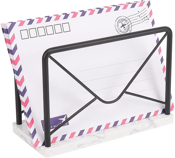 Modern Mail Holder for Home Office, Metal Letter Organizer Sorter for Desk, Cutout Mail Envelope Design, Bill Filling Paper Document Rack, Envelope Storage Rack with Marble Base (Black)