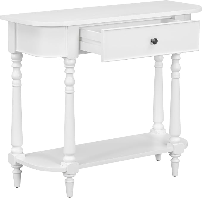 Retro Curved Console Table, 36" Solid Wood Half Moon Console Table Sofa Table Entryway Table with 1 Drawer 1 Open Shelf Roman Legs Curved Corners for Living Room,Entryway,Hallway,White