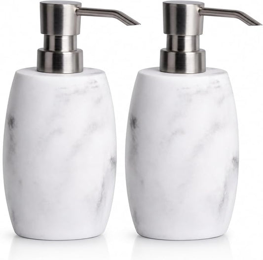 Clasin Home Resin Soap Dispenser Set 2, Refillable Hand Soap Dispenser with White Marble Look and Metallic Pump, Kitchen, Bathroom, Waterproof Labels (12 Oz)