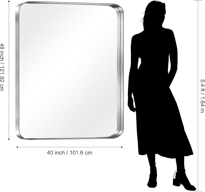 CIRCUMI Silver Bathroom Mirror, 40"x48" Rectangular Mirror with Deep Metal Frame, Rounded Corner, Tempered Glass, Large Mirror for Wall, Over 2 Sinks, Installed Vertically/Horizontally, Crystal-Clear