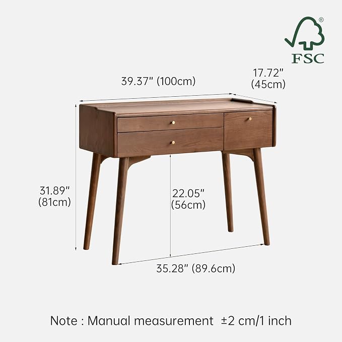 Small Vanity Desk, Solid Wood Dressing Table with Drawer Divider, Study Desk and Vanity Desk for Bedroom, Walnut Color, 18" D x 40" W x 32" H