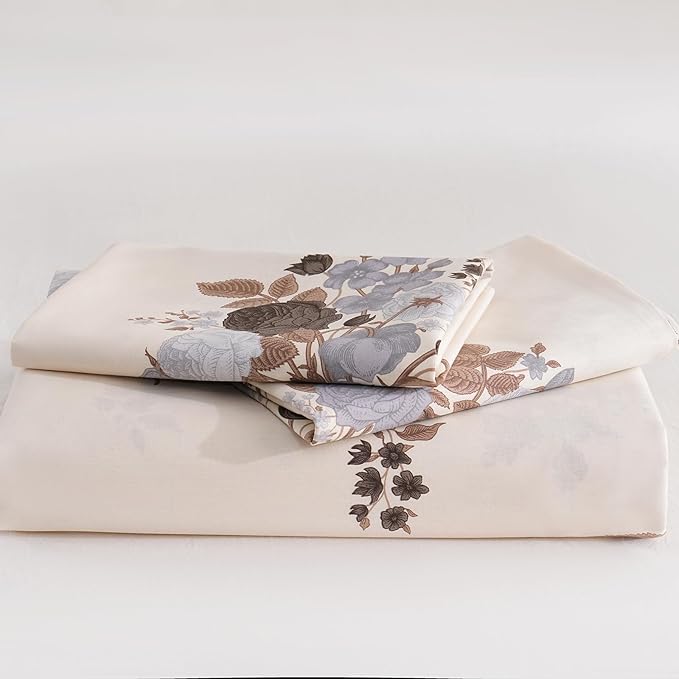 Cream Floral Duvet Cover Queen Size - 100% Cotton Comforter Cover Elegant Flower Botanical Duvet Cover Sets 3-PC, Breathable Duvet Cover with Zipper Closure & Corner Ties