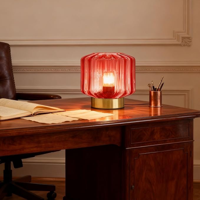 Red Glass Table Light Touch Table lamp Mid Century Modern Table lamp Gold Desk lamp nightstand lamp Vintage Table Lamps Small Table Lamp for Bedside end Table Bedroom Living Room Office
