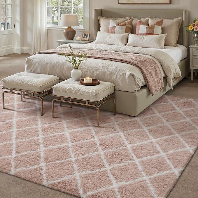 6x9 Checkered Rug for Living Room Pink and White Modern Soft Area Rug Fluffy Non-Slip Carpet for Bedroom Playroom Home Aesthetic Decor