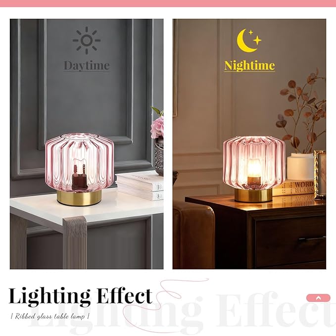 Small Touch Table Lamp for Bedside, Pink Glass Table Lamps with Gold Metal Base, Mid Century Modern Lamps Mini Table Lamp nightstand lamp Globe Desk lamp for Bedroom Living Room Office