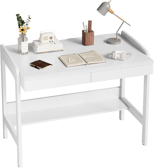 100% Solid Wood Desk with Drawers - 40 Inch Simple Modern Desks, Writing Desk with Drawers & Shelf, Work Study Table, Adjustable Height Home Office Computer Desks - White