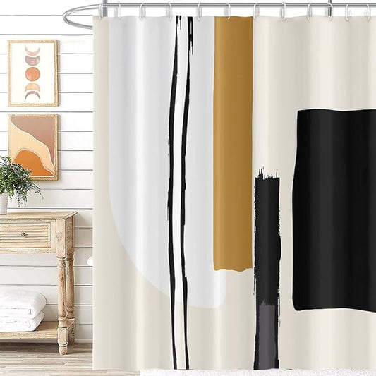 Abstract Geometric Shower Curtain Watercolor Black and Tan Stripes Pattern Design for Modern Minimalist Bathroom Decor Accessories Shower Curtain Set with 12 Hooks, 72x72 Inches