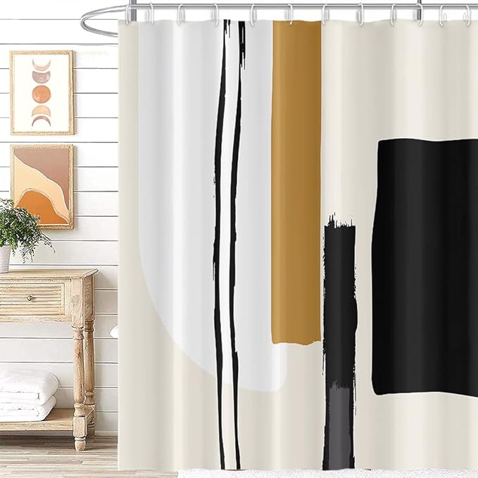 Abstract Geometric Shower Curtain Watercolor Black and Tan Stripes Pattern Design for Modern Minimalist Bathroom Decor Accessories Shower Curtain Set with 6 Hooks, 36x72 Inches