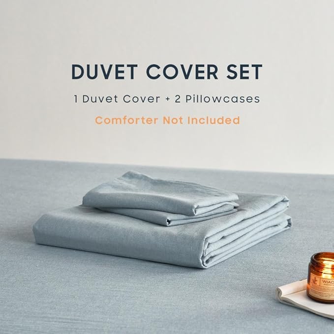Wake In Cloud - Cotton Duvet Cover Set, 100% Washed Cotton, Linen Like Textured, Breathable Durable Comfy Farmhouse Neutral Bedding Set, 3 Pieces, Light Denim Blue, Full Size