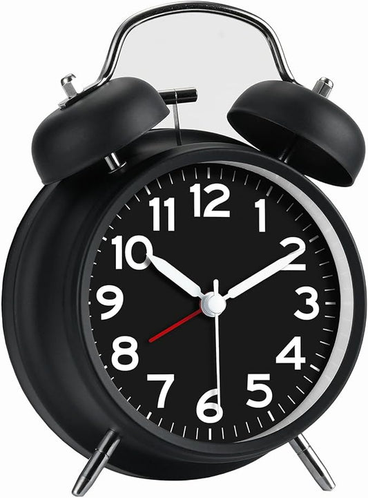 AKCISOT Loud Alarm Clock for Heavy Deep Sleepers, 4.5 Inches Analog Metal Twin Bell Clocks Battery Operated with Backlight for Bedroom Bseide, Old Fashioned for Desk Home Decoration (Black)