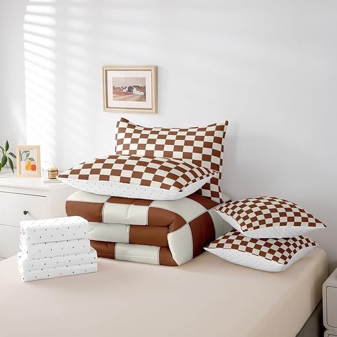 Erosebridal Plaid Queen Comforter Set 7 Piece Beige Caramel Brown Checkerboard Bed in A Bag with Sheets Geometric Checkered Bedding Set for Kids Boys Girls,Aesthetic Grid Bed Set