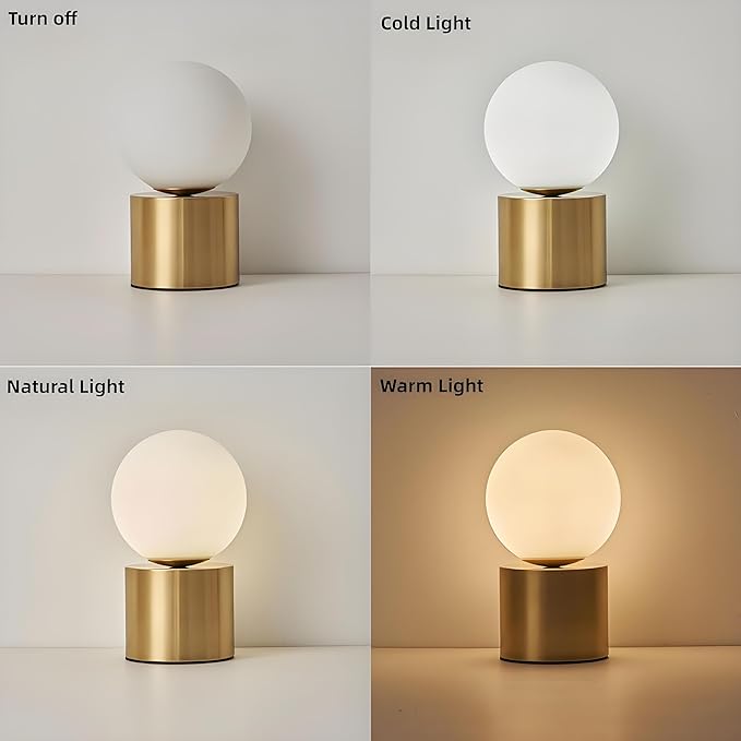 Mid Century Modern Table Lamp with Golden Pillar Bedside Night Light White Glass Globe Table Lamp for Bedroom Living Room and Office