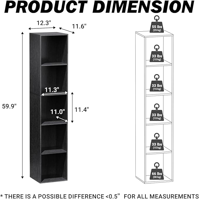 5 Cube Storage Organizer, 5 Tier Cube Low Bookcase Freestanding Storage Display Organizer, Five-Cubes Open Shelf Bookshelf for Home Office (Black, 5-Cube)