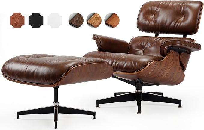 Top Grain Leather, Mid Century Chaise Lounge Chair and Ottoman, Reading Chair, Leather Accent Chair, Modern Chair, Classic Design, for Living Room Lounge Office,Retro Aged Leather, Walnut