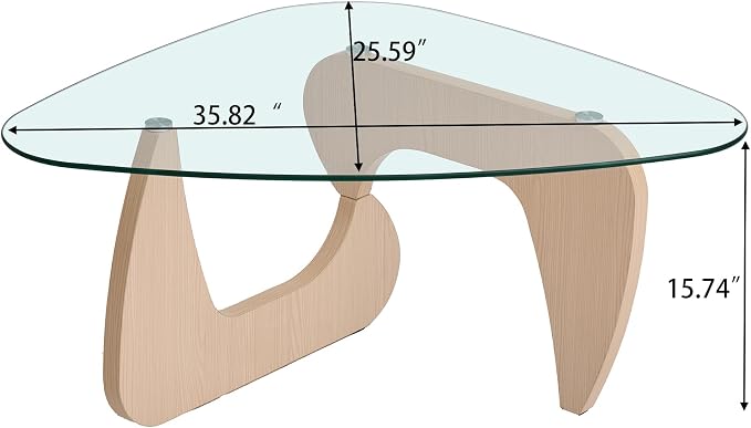 35.8'' Modern Glass Coffee Table with Geometry Base, Triangle Shape Coffee Table for Living Room Office, Natural Oak Finish Wood Base, Mid-Century Style Cocktail Center Table for Small Space